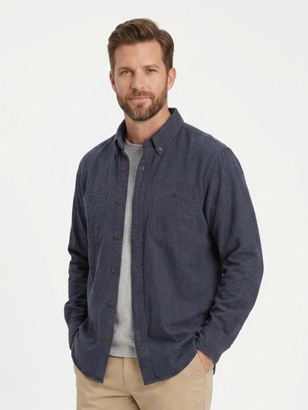 Duluth Trading Co Men's Large Trim Fit 100% Cotton Button Down Shirt Navy Blue